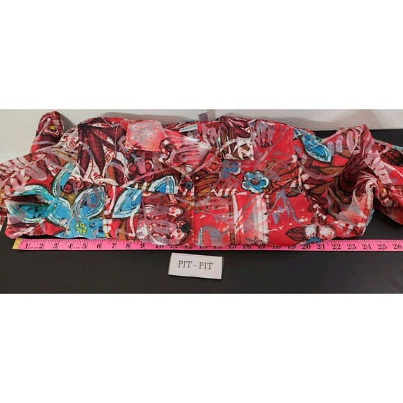 Chicos Women 3 Red Shaket Button Sheer Burnout Floral Long Sleeve Abstract Artsy - Picture 11 of 12